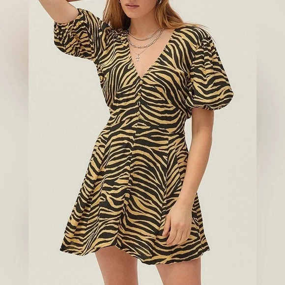 NWT Faithfull The Brand Ilia Yellow Amara Zebra Print Puff Sleeve Mini Dress S - Picture 1 of 6